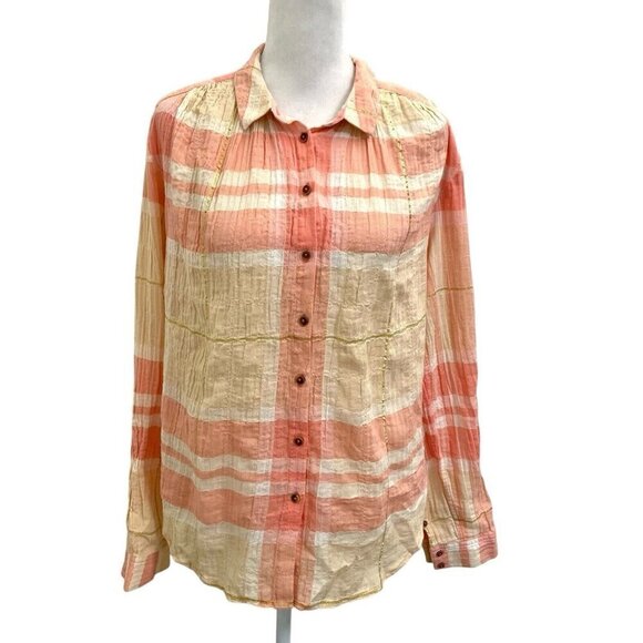 Anthropologie Holding Horses Western Plaid Button Front Shirt Pink Gold size 6 - Picture 1 of 6